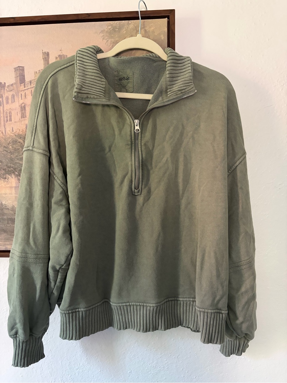 aerie Olive Zip-Front Pullover Sweater